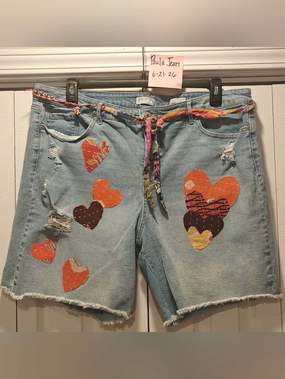 Sofia Vegara Gabriella Bermuda Shorts Upcycled with Kantha Patchwork Hearts